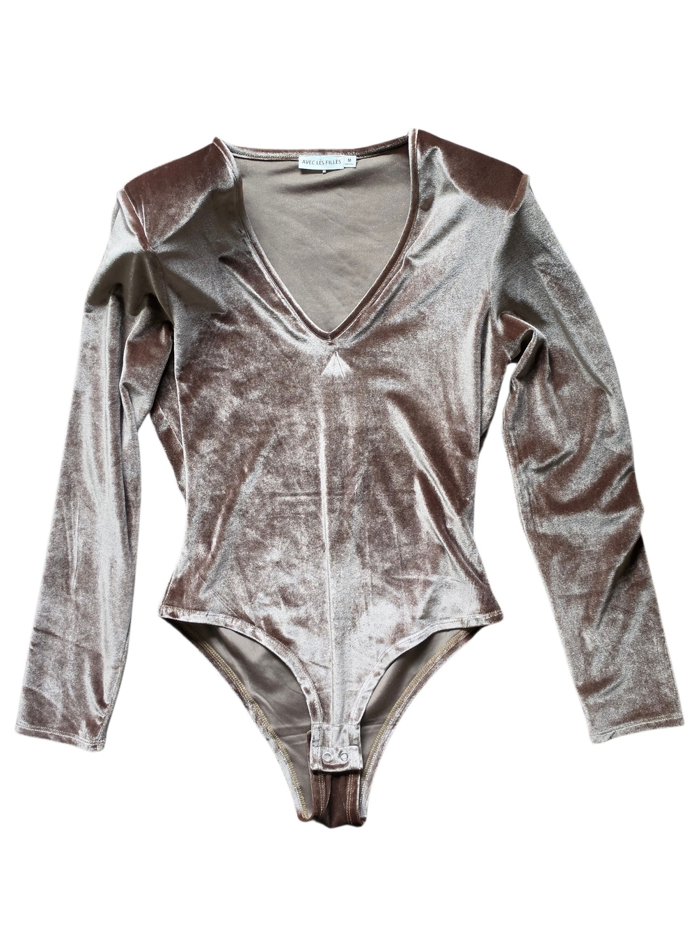 Avec Les Filles Taupe Velvet Long Sleeve V-Neck Bodysuit Shoulder Pads Medium